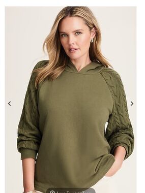 J Jill French Terry & Cable-Knit Hoodie, Size S, Bayleaf